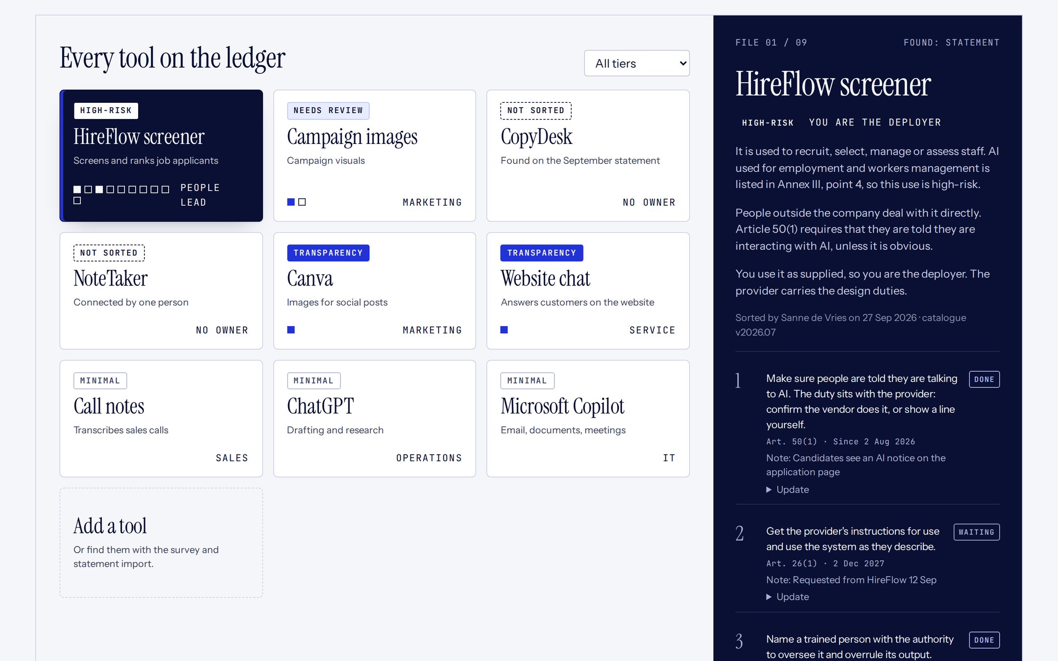 The file: Each tool has a numbered file with the reasoning in plain words, every duty with its article and date, and who updated it.