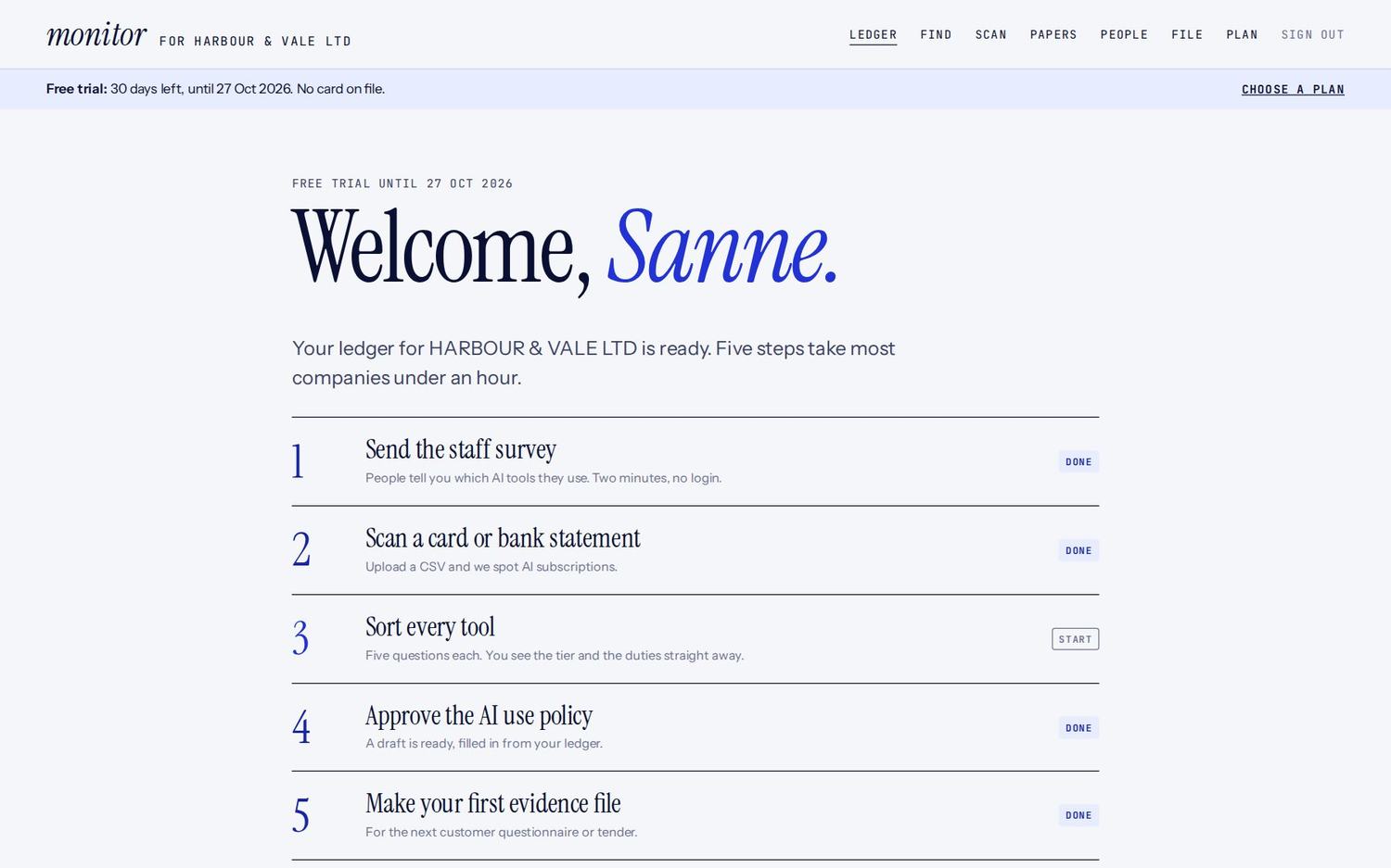 The welcome page with your first five steps