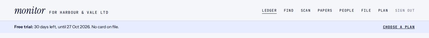 The menu, with your company name on the left and your trial status underneath