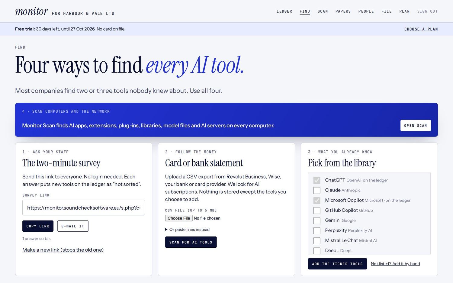 The Find page: Monitor Scan, the survey, your statement and the library