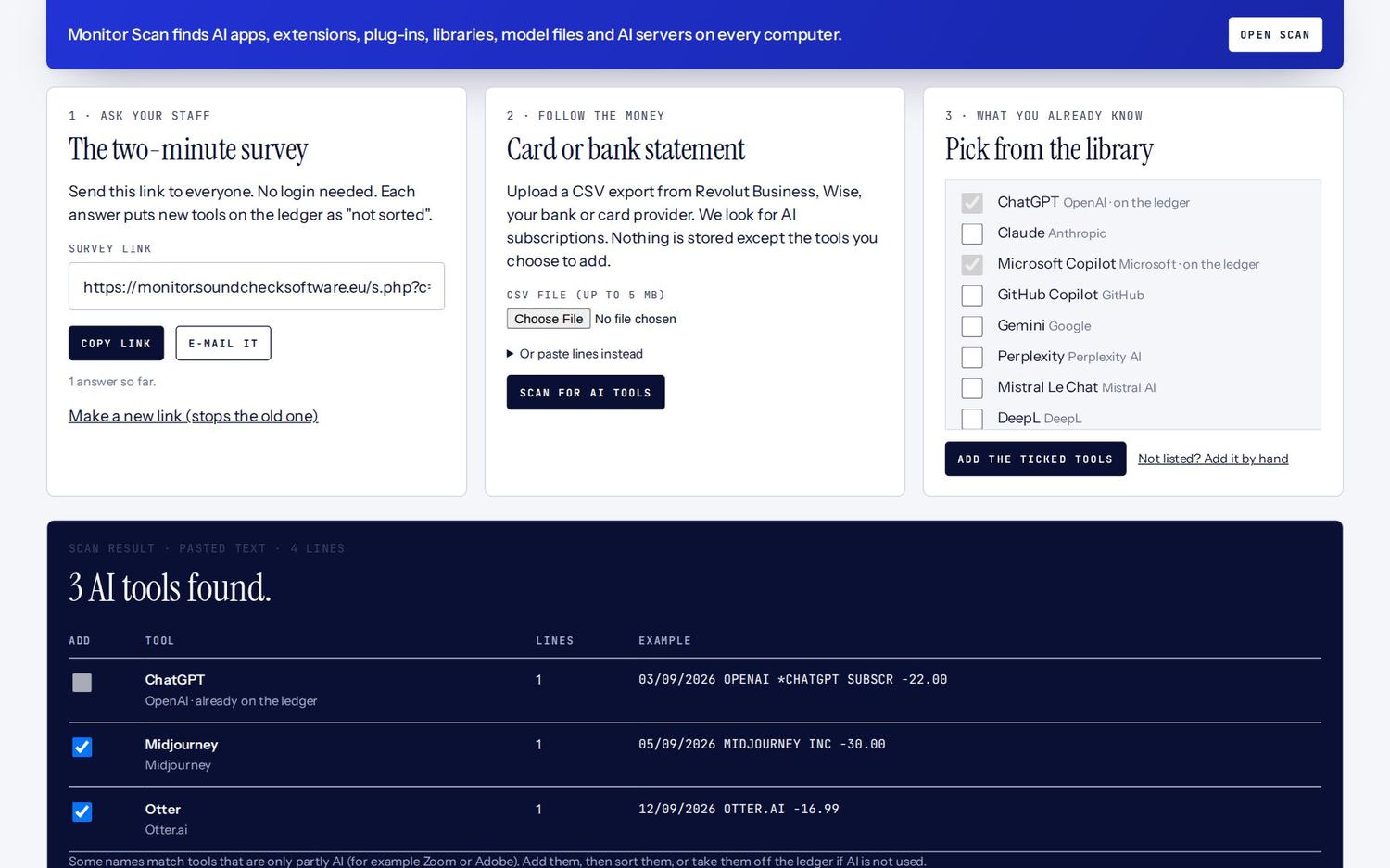 A statement scan: three AI subscriptions found, the supermarket line ignored