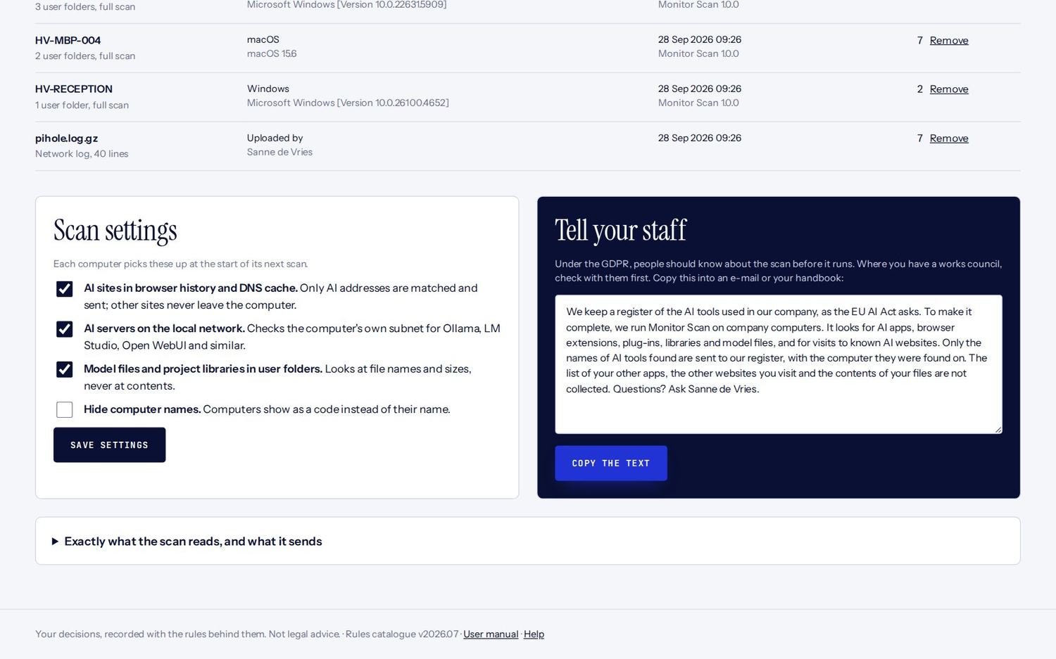 Scan settings and the ready-made notice for your staff