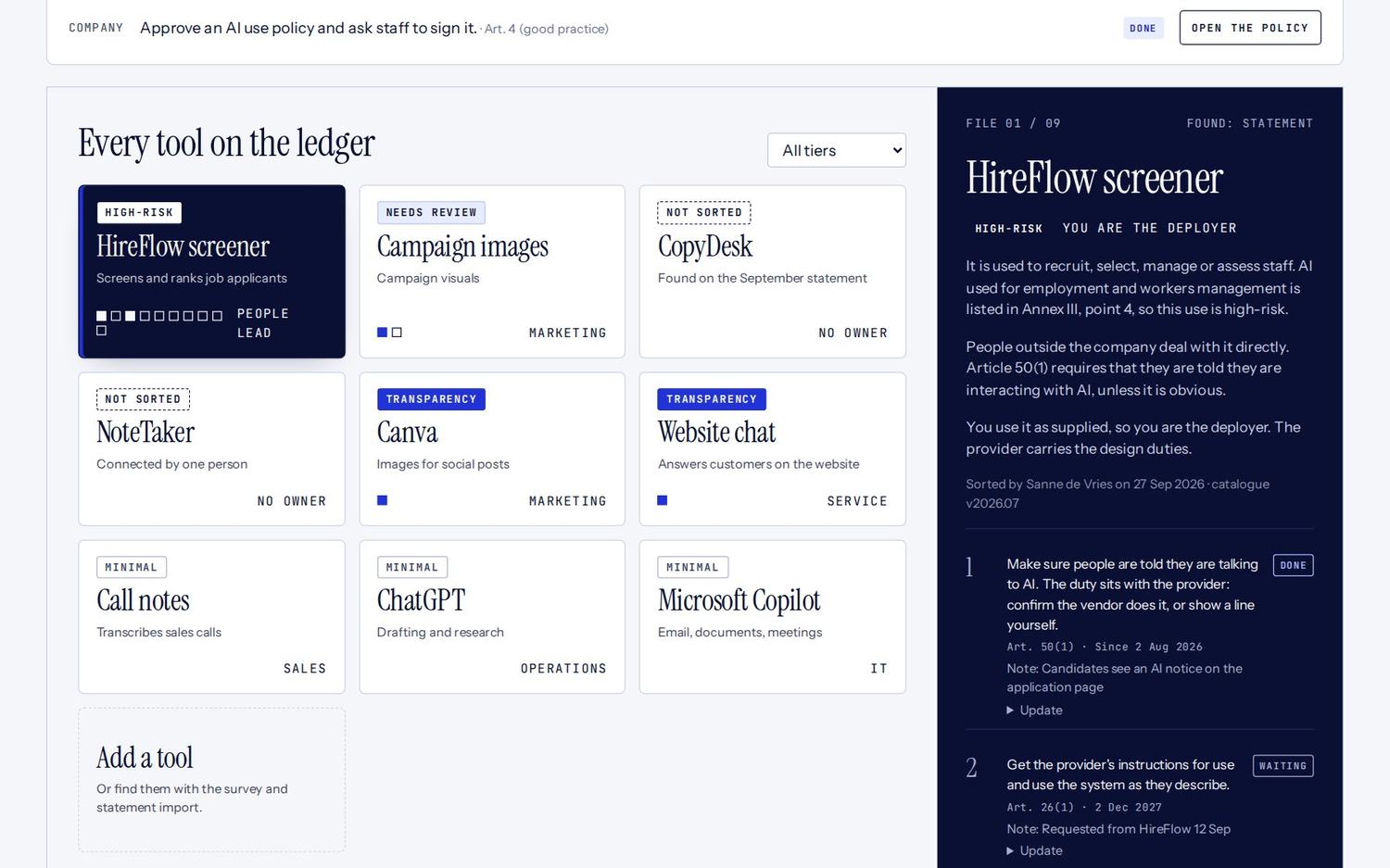 The file for a high-risk tool: tier, role and the reasoning in plain words