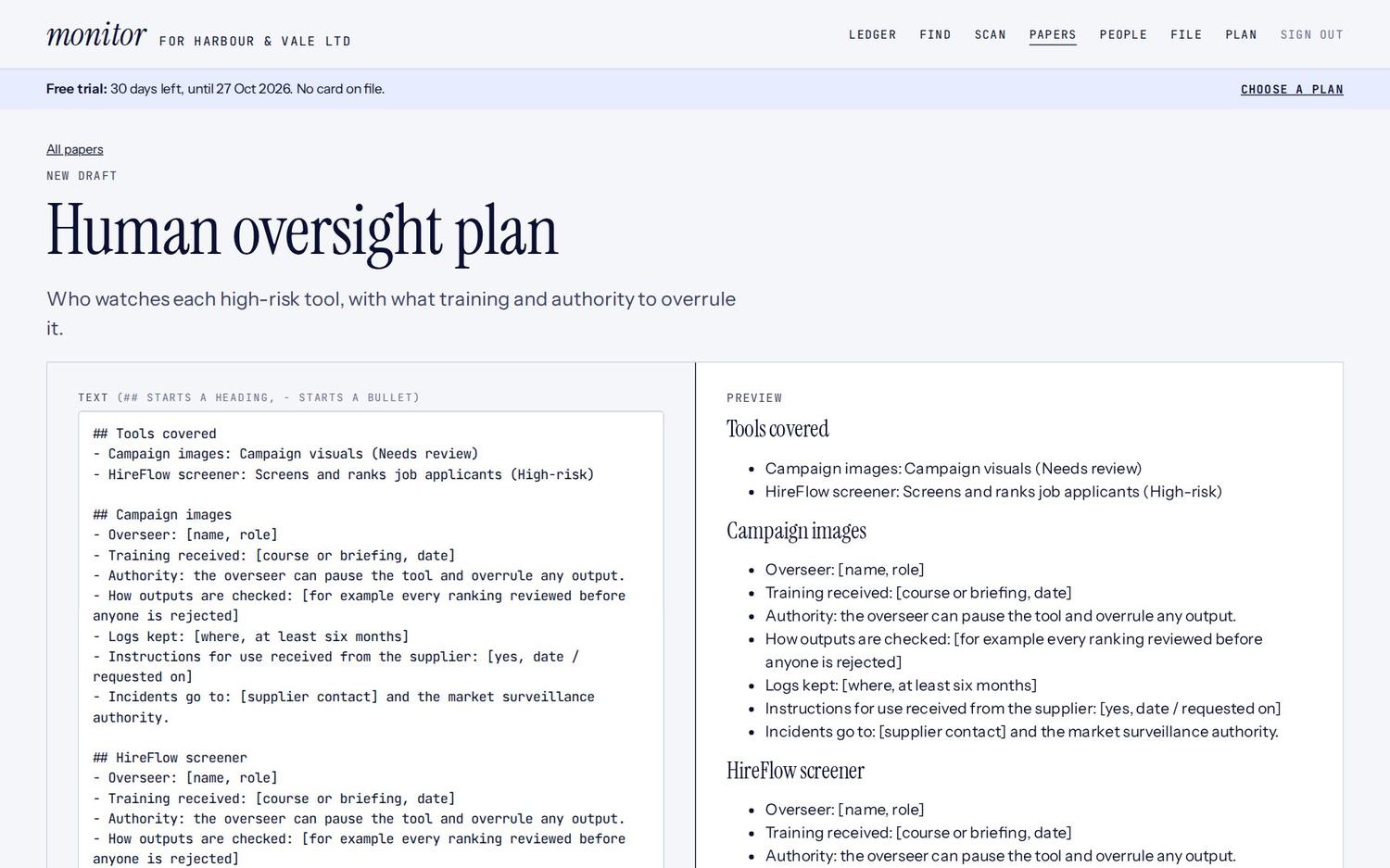Editing the Human oversight plan: text on the left, preview on the right