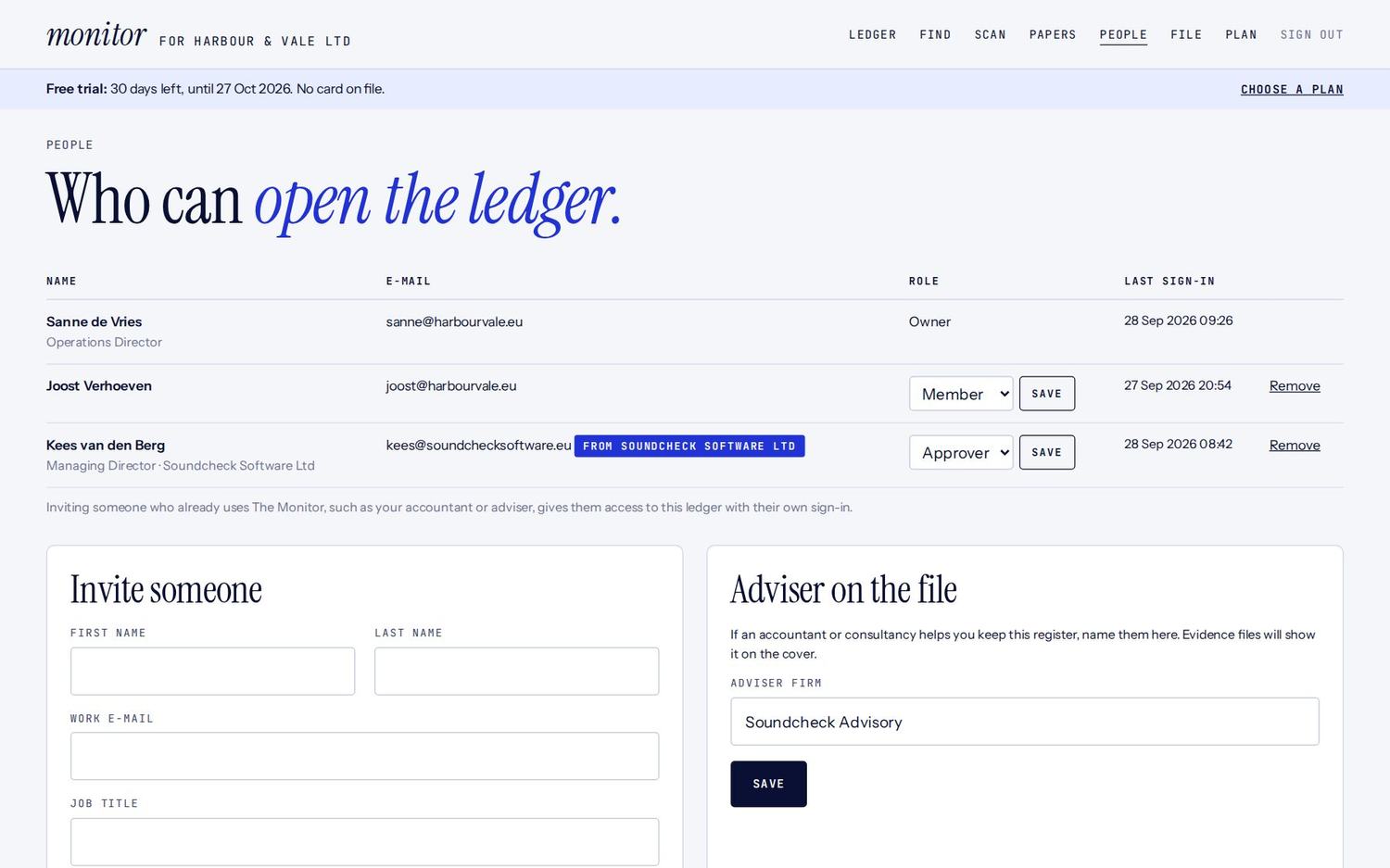 The People page: a member, and an adviser from another firm with access